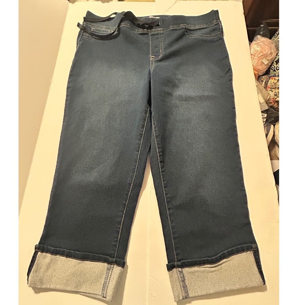 Just Be Womens Dark Wash Cuffed Capri Jeans Pull On Stretch Denim Size Large